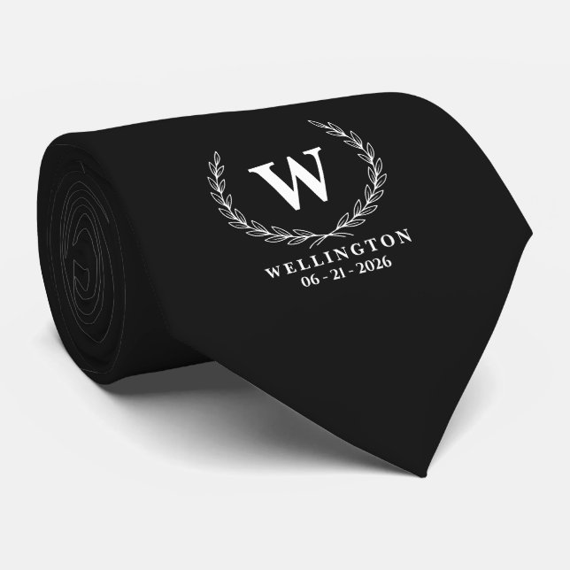 Classic Black White Laurel Monogram Wedding Date Tie (Rolled)