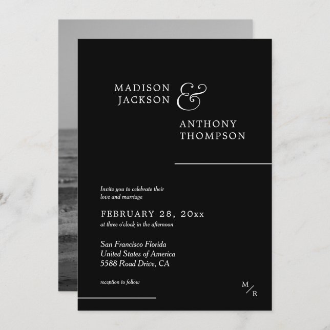 Classic Black White Modern Photo Wedding Invitation (Front/Back)