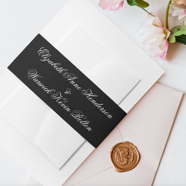 Classic Black White Monogram Calligraphy Wedding Invitation Belly Band (Creator Uploaded)