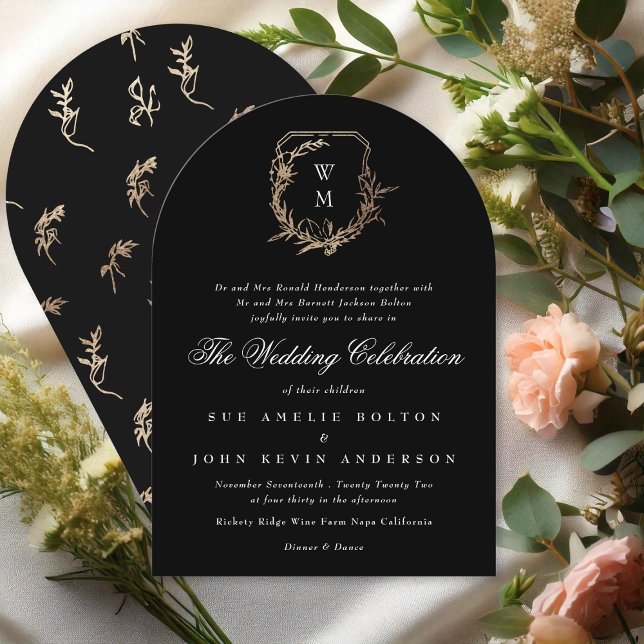 classic black white monogram gold crest arch invitation (Creator Uploaded)
