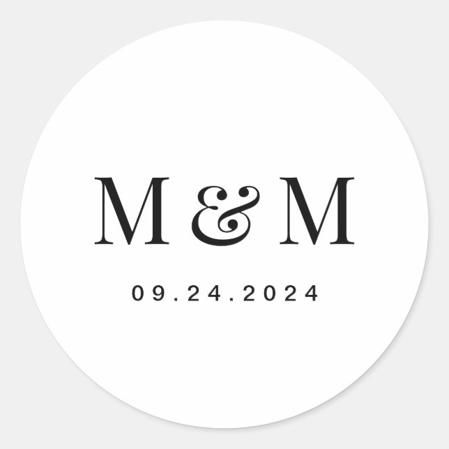 Classic Black & White Monogram Typography Wedding Round Sticker (Front)