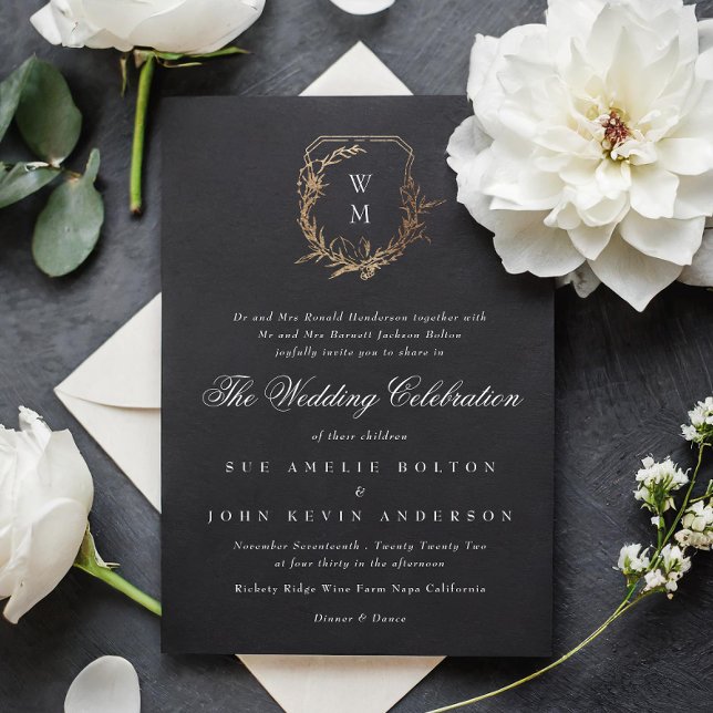 classic black white monogram wedding gold crest invitation (Creator Uploaded)