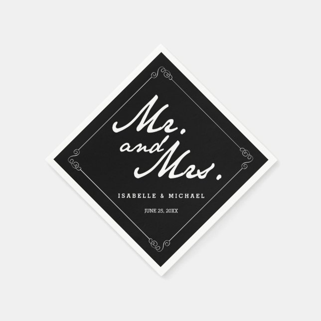 Classic Black & White Mr & Mrs Wedding Napkins (Corner)