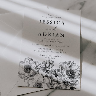 Classic Black & White Peony Line Art Wedding Invitation