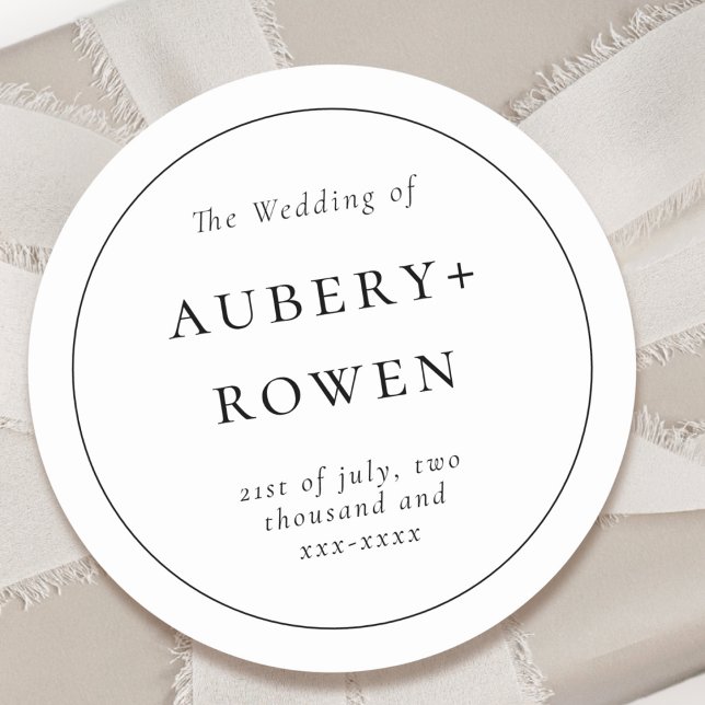Classic Black White Personalised Names Wedding Classic Round Sticker (Creator Uploaded)