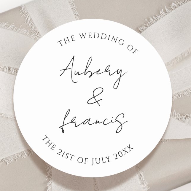 Classic Black White Personalised Names Wedding Round Sticker (Creator Uploaded)