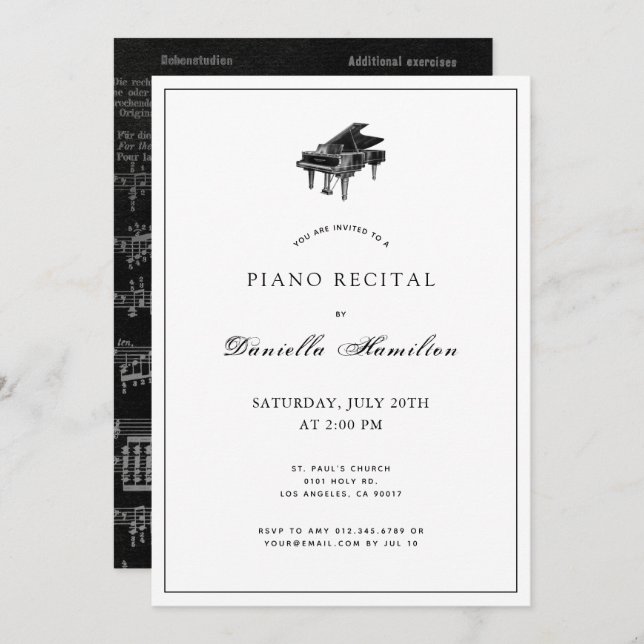 Classic Black & White Piano Recital Invitation (Front/Back)