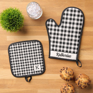 Classic Black & White Plaid kitchen Farmhouse  Oven Mitt & Pot Holder Set