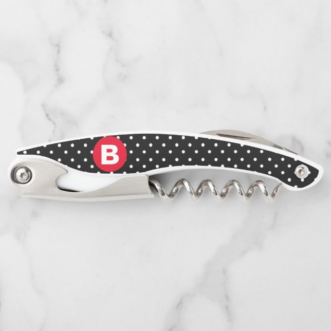Classic Black & White Polka Dot with Red Monogram Corkscrew (Front)