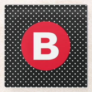 Classic Black & White Polka Dot with Red Monogram Glass Coaster