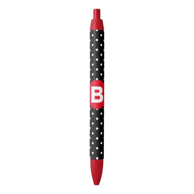 Classic Black & White Polka Dot with Red Monogram Ink Pen (Front Vertical)