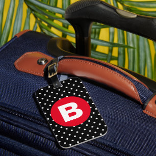 Classic Black & White Polka Dot with Red Monogram Luggage Tag
