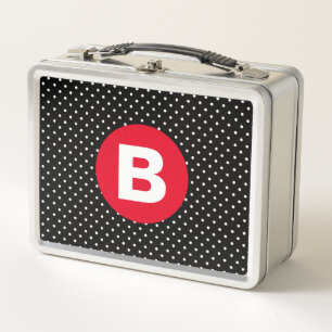 Classic Black & White Polka Dot with Red Monogram Metal Lunch Box