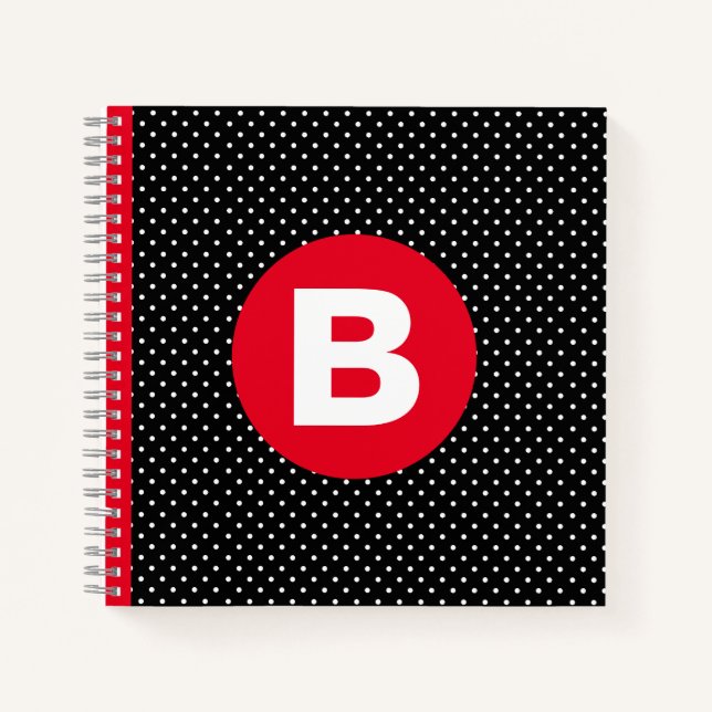 Classic Black & White Polka Dot with Red Monogram Notebook (Front)