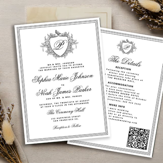 Classic black white QR formal monogram wedding  Invitation (Creator Uploaded)