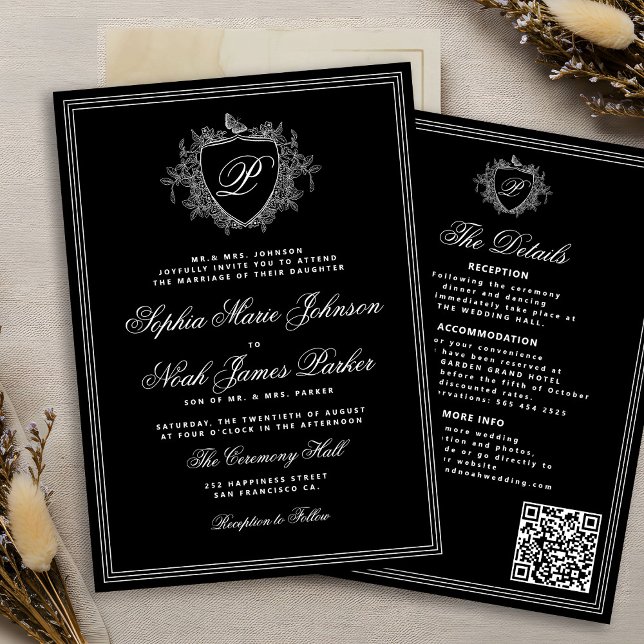 Classic black white QR formal monogram wedding  Invitation (Creator Uploaded)