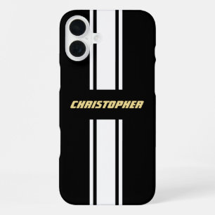 Classic Black White Racing Stripes Gold Monogram iPhone 16 Plus Case