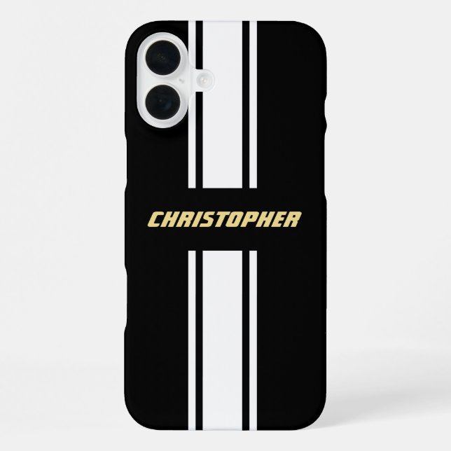 Classic Black White Racing Stripes Gold Monogram iPhone Case (Back)