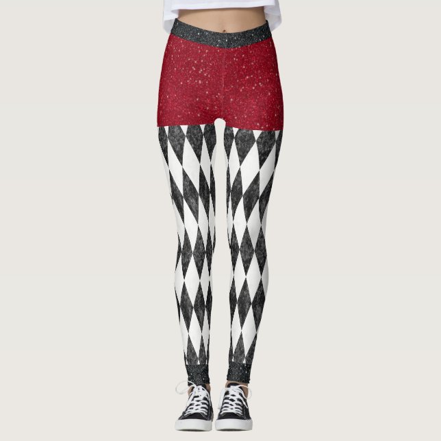 Classic Black White Red Harlequin Diamond Argyle Leggings (Front)