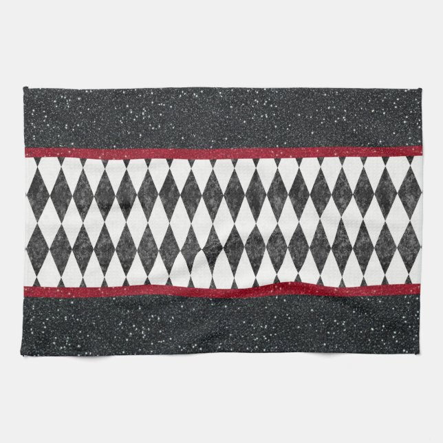Classic Black White Red Harlequin Diamond Argyle Tea Towel (Horizontal)