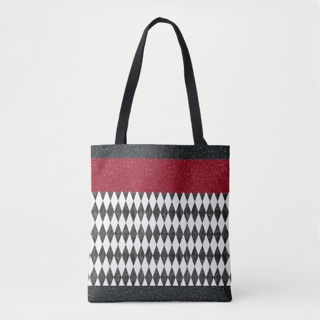 Classic Black White Red Harlequin Diamond Argyle Tote Bag (Front)