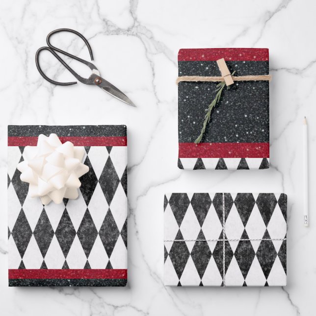 Classic Black White Red Harlequin Diamond Argyle  Wrapping Paper Sheet (Front)