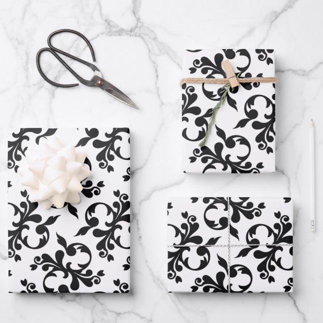 Classic Black White Rococo Pattern Christmas  Wrapping Paper Sheet (Front)