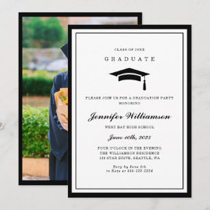 Classic Black & White Script Graduation Photo Invitation
