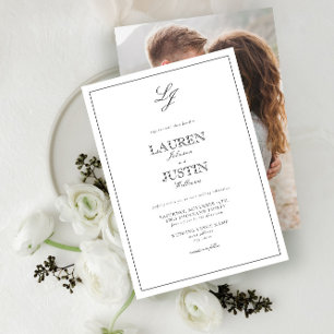 Classic Black White Script Monogram Photo Wedding Invitation