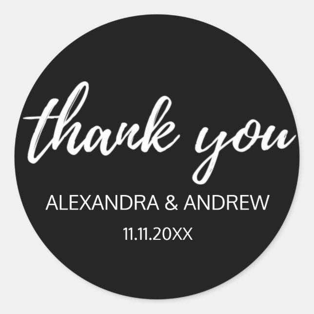 Classic Black & White Script Wedding THANK YOU Classic Round Sticker (Front)