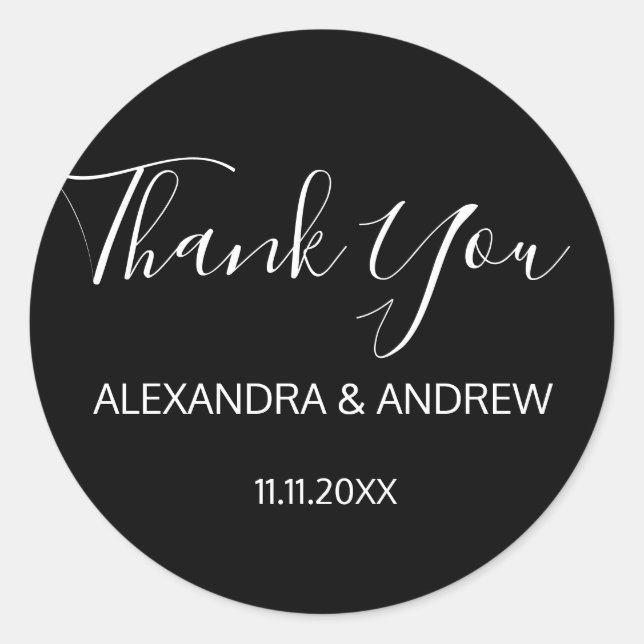 Classic Black & White Script Wedding THANK YOU Round Sticker (Front)