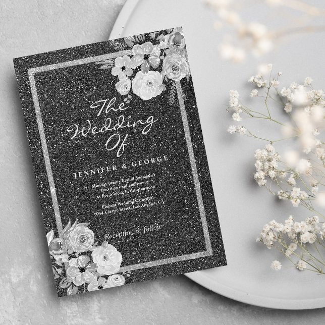 Classic black white silver glitter floral wedding invitation (Classic black white silver glitter floral wedding)