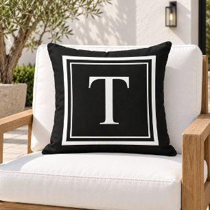 Classic Black White Square Frame Monogram Cushion