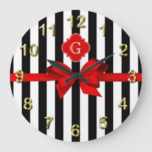 Classic Black White Stripe, Red Label, Bow Ribbon Large Clock
