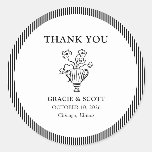 Classic Black & White Stripe Wedding Thank You Classic Round Sticker (Front)