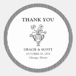 Classic Black & White Stripe Wedding Thank You Round Sticker