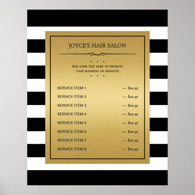 Classic Black White Stripes Gold Service Menu Poster (Front)