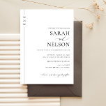 Classic Black & White Timeless Elegant Wedding Invitation<br><div class="desc">This invitation is a masterpiece of minimalist design, reflecting a perfect blend of classic elegance and modern simplicity. The sharp black typography against a pristine white background offers a clear, readable invitation that speaks directly to the sophistication expected at Sarah and Nelson's wedding. The thoughtful layout, including a subtle nod...</div>