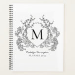 Classic Black White Vintage Floral Crest Monogram Planner<br><div class="desc">Classic Black White Vintage Floral Crest Monogram Planner</div>