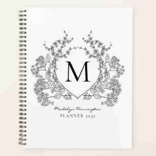 Classic Black White Vintage Floral Crest Monogram Planner