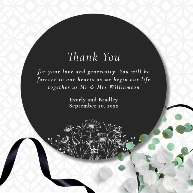Classic Black White Wildflower Wedding Thank You   Classic Round Sticker (Creator Uploaded)