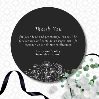 Classic Black White Wildflower Wedding Thank You Round Sticker