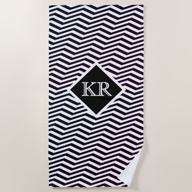 Classic Black White Zig Zag Chevron Monogram Beach Towel (Front)