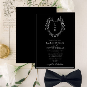 Classic Black Wildflower Monogram Crest Wedding Invitation