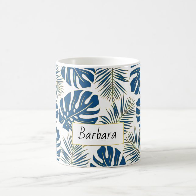 Classic blue and gold tropical leaves and name coffee mug (Center)