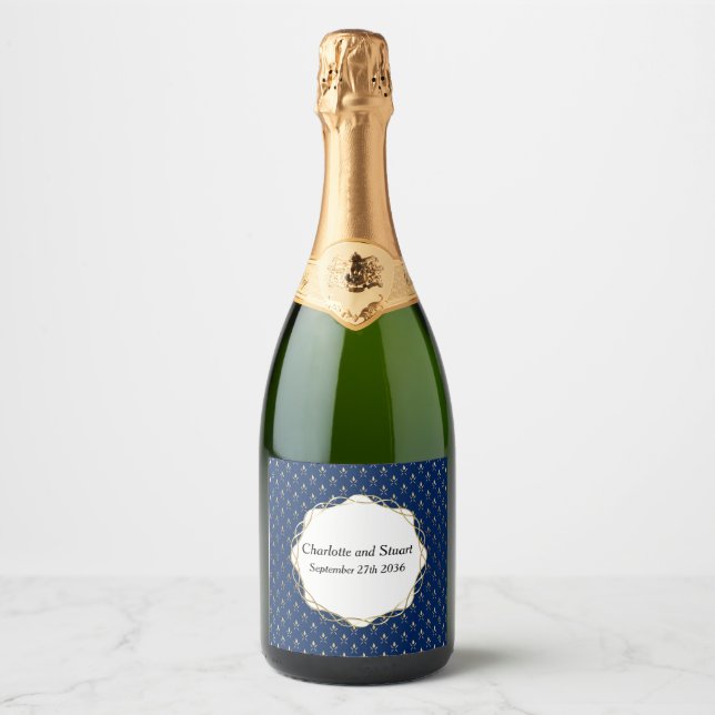Classic Blue and Gold Wedding  Sparkling Wine Label (Front)