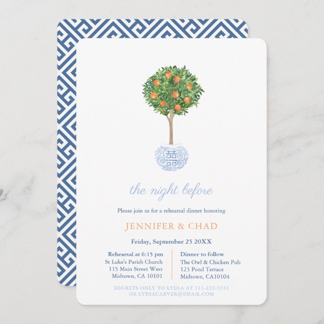 Classic Blue and Orange Wedding Rehearsal Dinner Invitation (Front/Back)