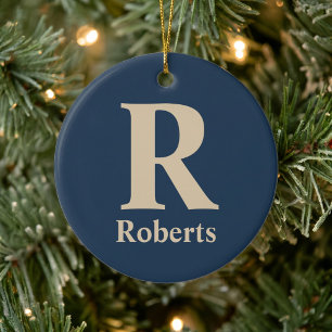 Classic Blue And Vanilla Initial/First/Family Name Ceramic Ornament