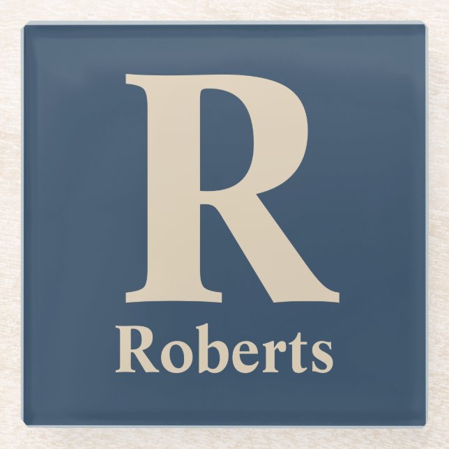 Classic Blue And Vanilla Initial/First/Family Name Glass Coaster (Front)