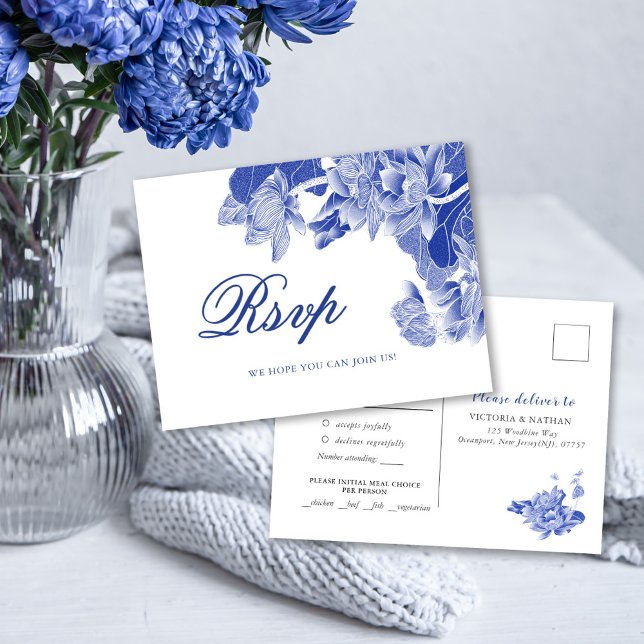 Classic Blue and White Chinoiserie Floral Wedding  Postcard (Creator Uploaded)